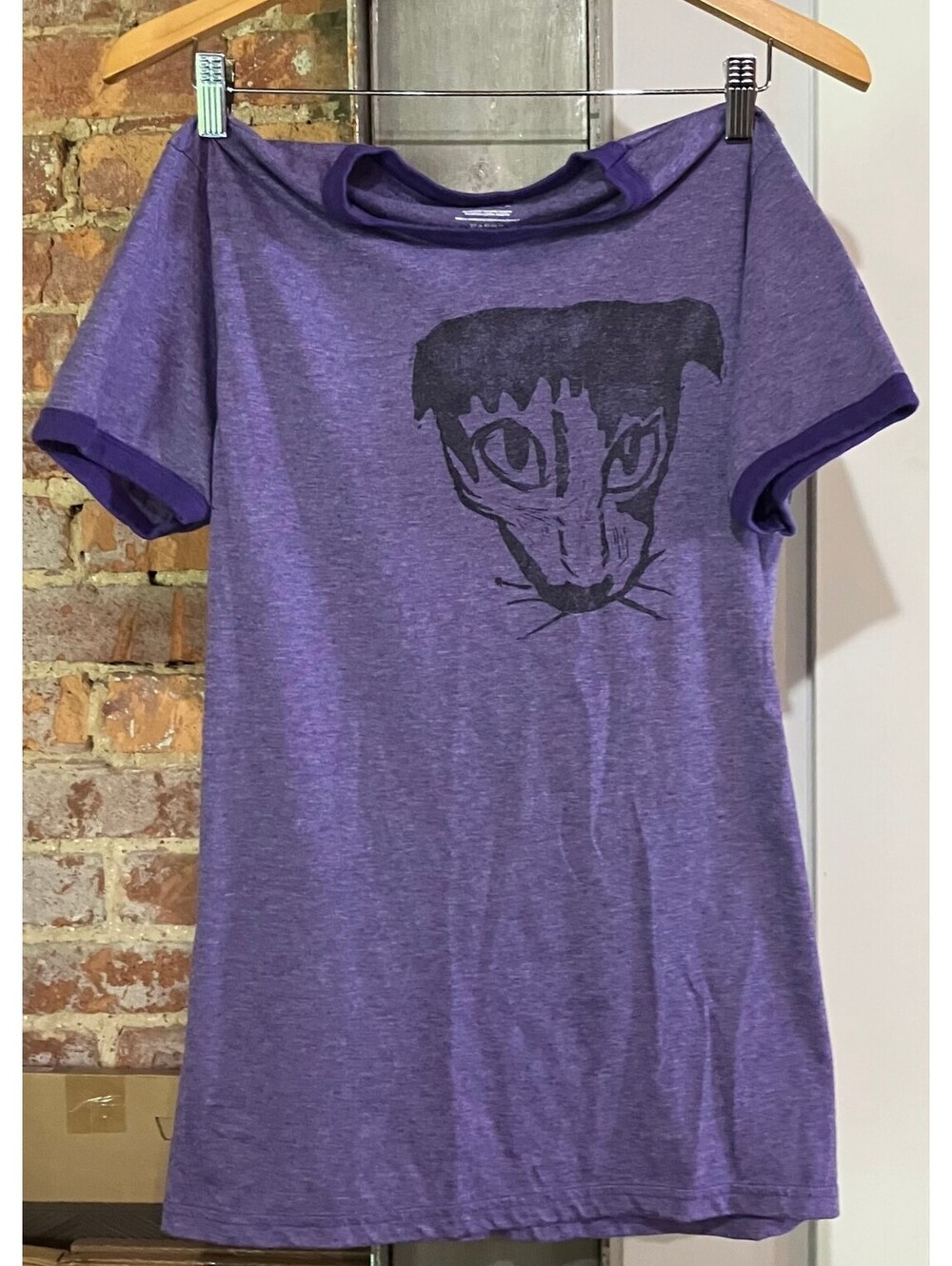 Hand Lino Printed Cat Ringer T Purple Handmade One of a Kind